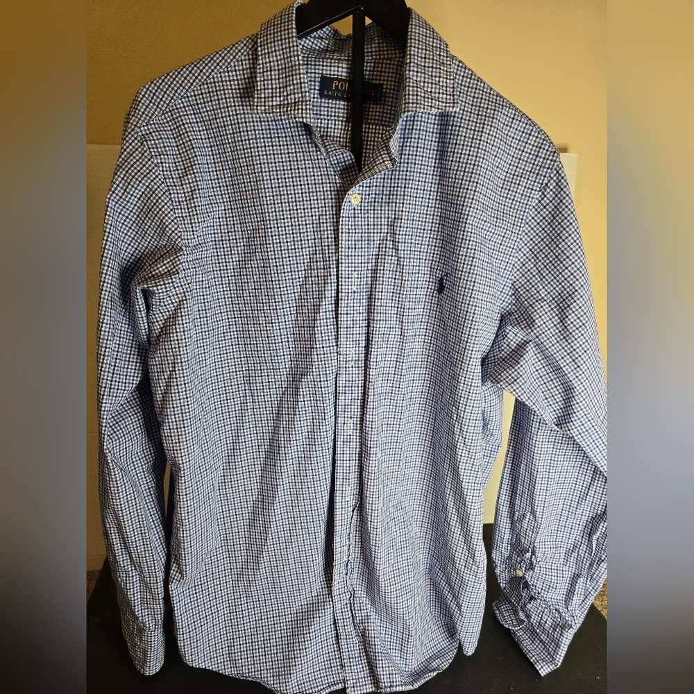 Ralph Lauren Polo Men’s Large Button Up Shirt Blue Checkered Blue Pony #2